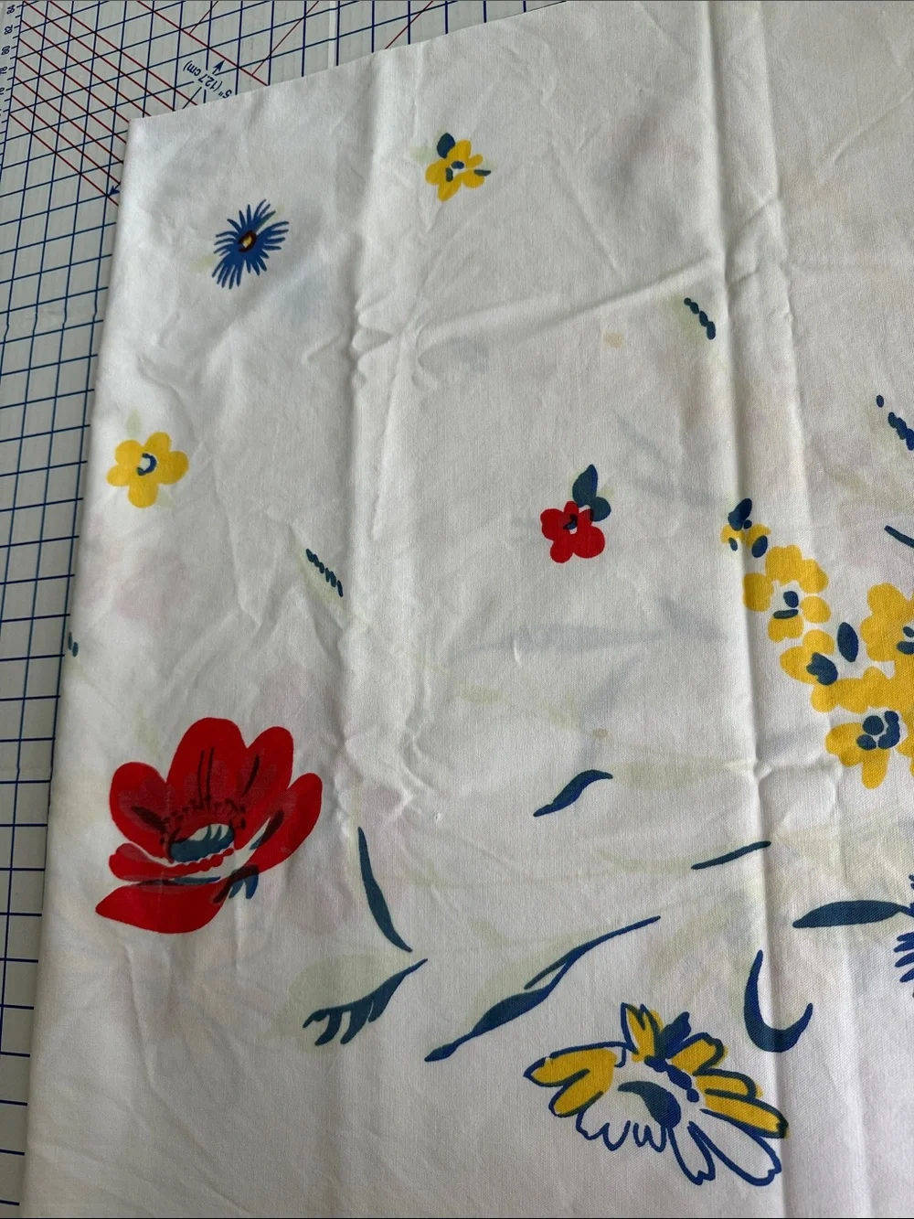 Vintage 50s Floral Tablecloth 64 x 52 Red Yellow Blue Cotton Kitchen Linen